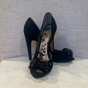 Sam Edelman "Lorna" black suede high heels with Valentino style beeded bow.